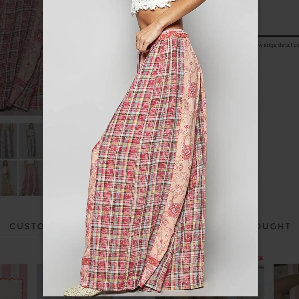 POL Women's Wide Leg Pants - Pink and Red Plaid - Picture 2 of 5